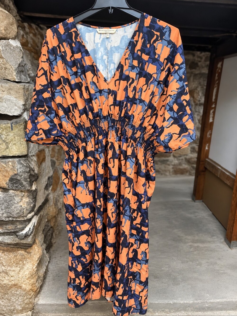 Wayward Fancies eShakti Horse Print Smocked Maxi Dress 2X 20W Orange Navy
